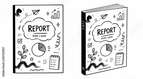 Black and white report cover design with icons.