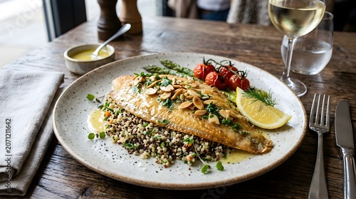Pan Fried Sole with Roasted Almonds Lemon Sauce and Quinoa