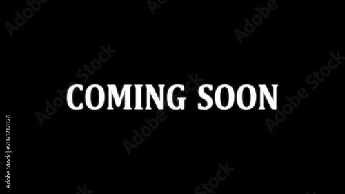 Coming soon text with screen effects of technological failures. Spectacular screen glitch with various kinds of interference. Looped  on black background