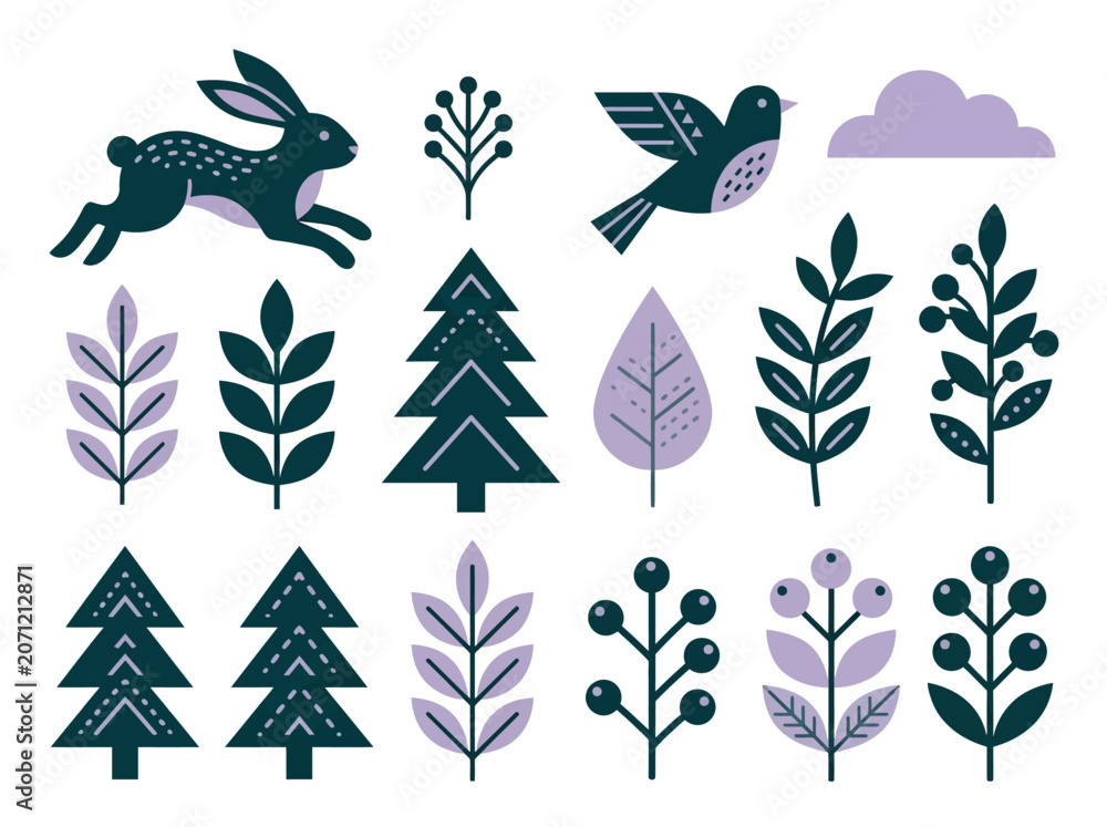 Obraz premium Scandinavian Folk Art Illustration Set with Forest Animals, Trees, and Botanical Elements