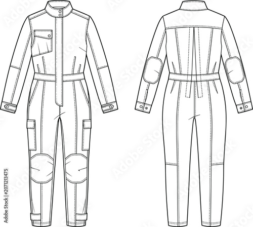 Utility Workwear Jumpsuit Technical Flat Sketch with Cargo Pockets and Reinforced Knee Panels