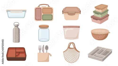 Reusable Food Storage Flat Vector Containers Icons Collection Set