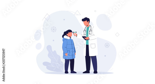 Doctor checking child's temperature with infrared thermometer during winter season, medical checkup illustration