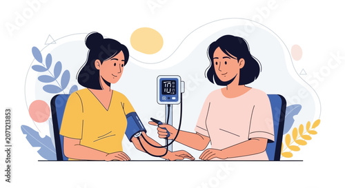 Doctor checking patient's blood pressure with a digital monitor, illustration in flat design style, healthcare concept