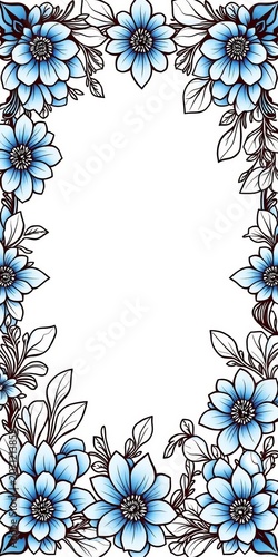 Line art blue floral frame with intricate details, geometric, art