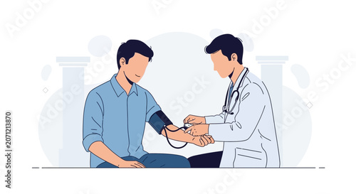 Doctor checking patient's blood pressure with a sphygmomanometer in a modern, minimalist illustration style
