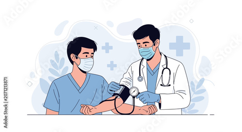 Doctor checking patient's blood pressure with a sphygmomanometer, medical check-up concept, flat vector illustration.