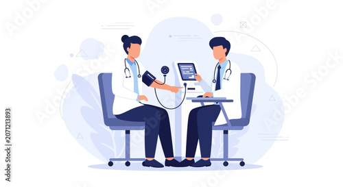 Doctor Checking Patient's Blood Pressure with Digital Monitor in Modern Clinic, Vector Illustration