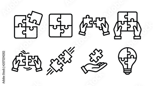 Foto Puzzle pieces and hands assembling solving ideas and connection concepts in line