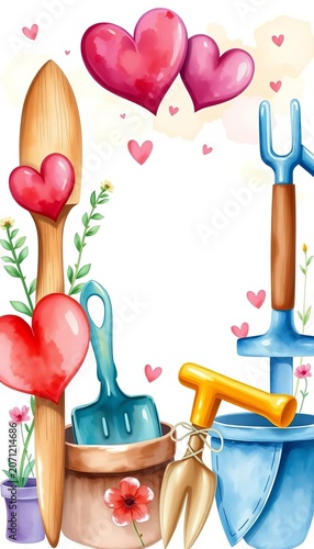 Watercolor illustration of gardening tools with hearts, whimsical, hearts