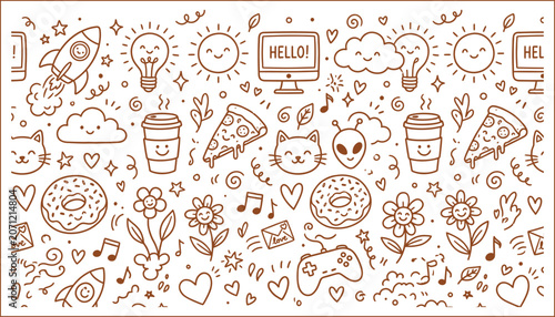 Billede på lærred Silhouette of cute doodles and icons in brown on white background