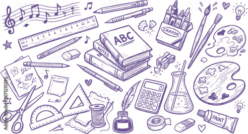 Tableau sur toile School supplies doodle silhouette back to school illustration with art tools