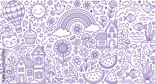Tableau sur toile Whimsical lavender doodle art hot air balloon sun houses and nature silhouette