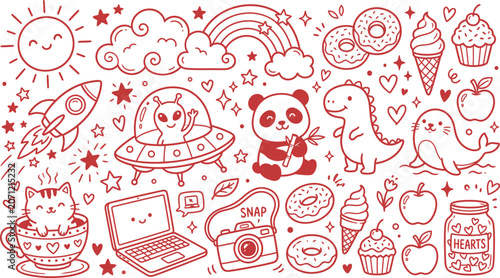 Bild auf Leinwand Red doodle illustration with silhouette of cute cartoon objects