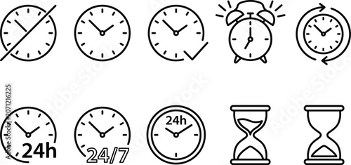 Tableau sur toile Chronological time and clock management icons featuring wall clocks alarms hourglasses and duration signs