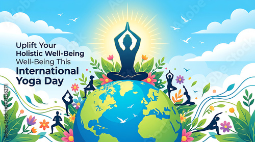International Yoga Day Wellness Celebration with Meditation on Earth Globe, Healthy Lifestyle and Global Mindfulness Illustration