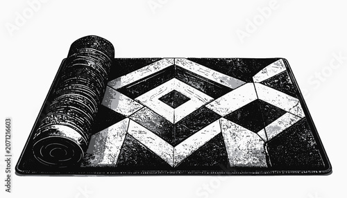 Black and white geometric floor mat.