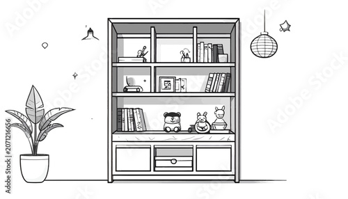 Large bookshelf with various objects on it.