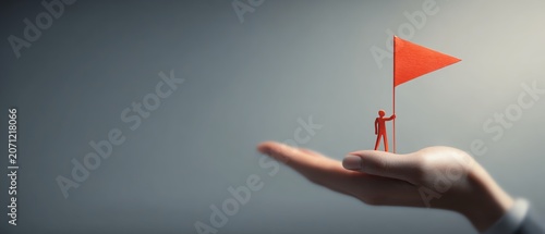 Person holding a red flag in palm symbolizing warning.