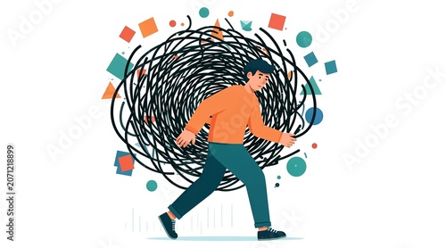 Mental Health Struggle Concept with Person Carrying Heavy Tangled Burden of Negative Thoughts and Stress