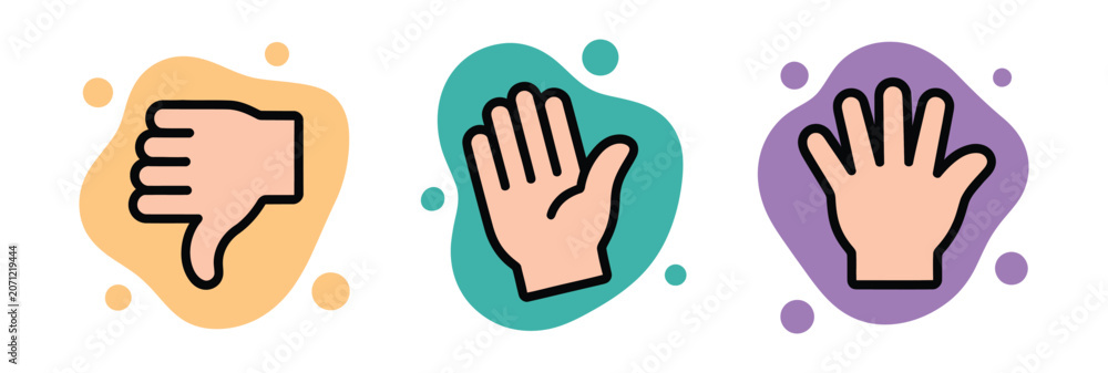 Fototapeta premium Hand Gesture Icon Collection, Thumbs Down Clapping Raised Hand Colorful Symbols, Playful Doodle Style Expressions For Social Communication Creative Projects And Digital Applications.