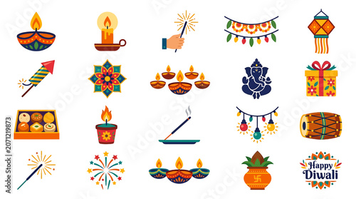 Diwali festival decorations and symbols arranged on a surface