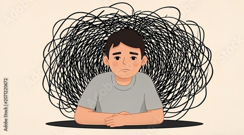 Young boy feeling overwhelmed and anxious with a chaotic tangled mind illustration