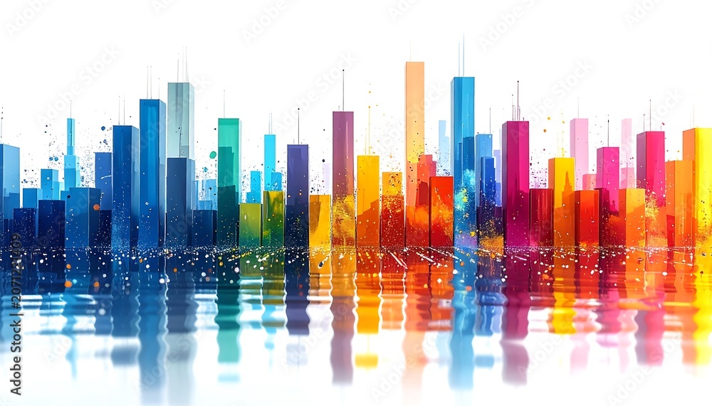 Obraz premium A vibrant abstract cityscape with buildings of various colors, reflecting in water, creating a stunning visual display