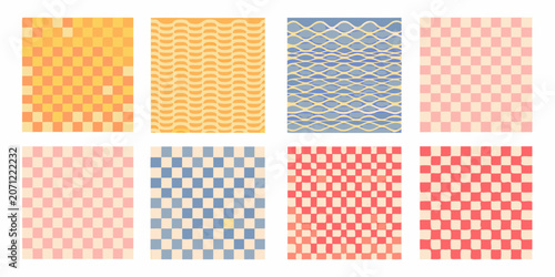 Checkerboard And Wavy Pattern Collection Retro inspired Vector Illustrations On White Background checkered checks grid
