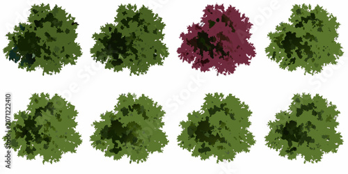 Foto Collection of tree top views in varying shades of green and burgundy vector illu