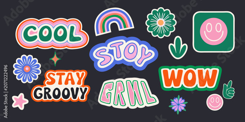 Fotografía Retro Sticker Collection Featuring Floral Ornaments Typography And Smiling Faces