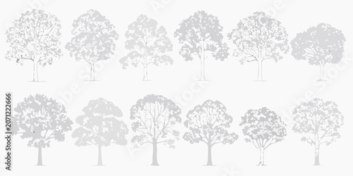 Obraz na płótnie Tree silhouettes in varying shapes and densities presented as line drawings on a
