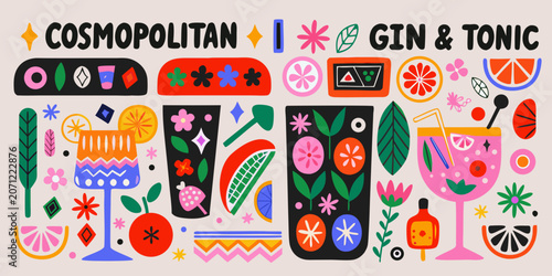Foto Cocktail and gin tonic themed floral ornament a colorful vector illustration cos