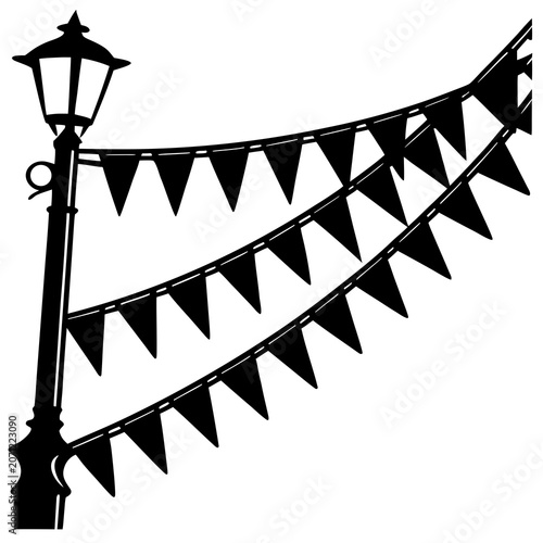 Decorative Pennant Flags Hanging on Black Street Lamp Silhouette Minimalist Style