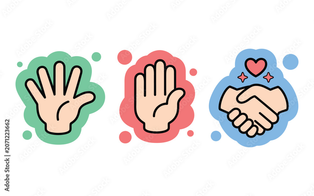 Fototapeta premium Hand Gesture Icon Collection, Waving High Five Handshake Colorful Symbols, Playful Doodle Style Communication And Friendship Elements For Social Media And Digital Designs.