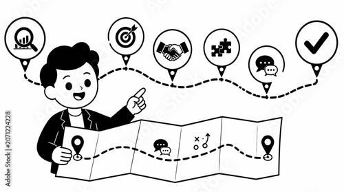 Cartoon man pointing at map with location pins and icons.