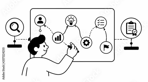 Business professional presenting strategy on whiteboard with icons.