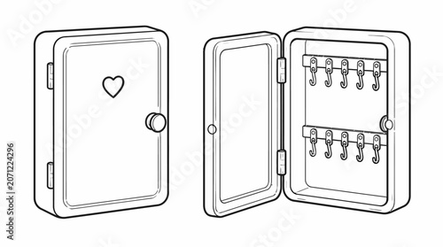 Illustrated key cabinet with heart design and hooks.