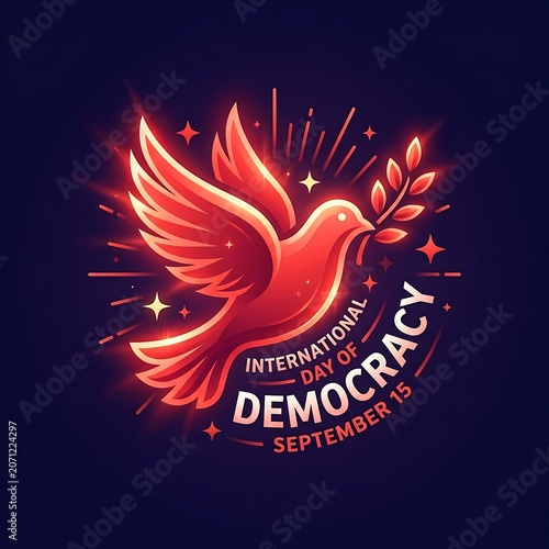 International day of democracy celebration poster with glowing dove illustration