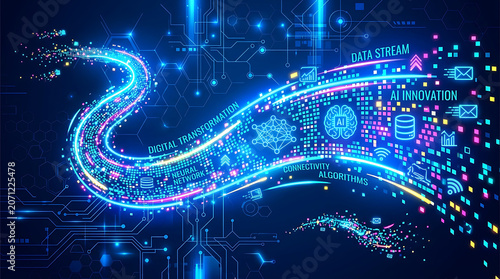 Abstract digital stream of data with AI and technology symbols representing the future of innovation and digital transformation