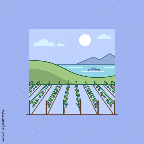 A flat vector illustration of a scenic vineyard by the sea