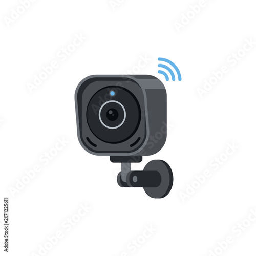 A modern wireless security camera mounted on a white wall