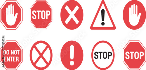 Fotografie Red prohibition and warning traffic sign set with stop, do not enter, and exclamation mark, featuring road safety symbols, hazard indicators, traffic regulations, and transportation design assets
