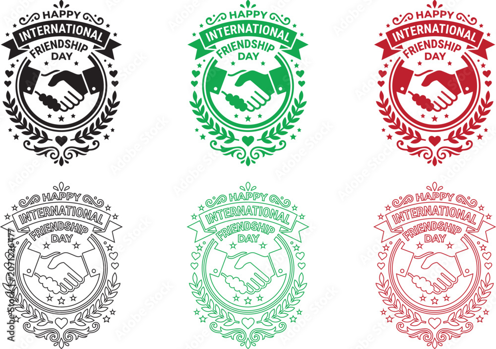 Fototapeta premium Happy International Friendship Day vintage badge design template with handshaking vector illustration bundle