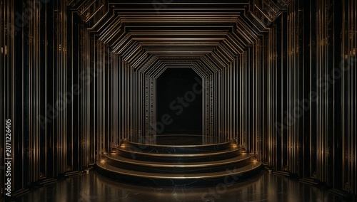 Luxury dark corridor with illuminated steps and golden architectural details.