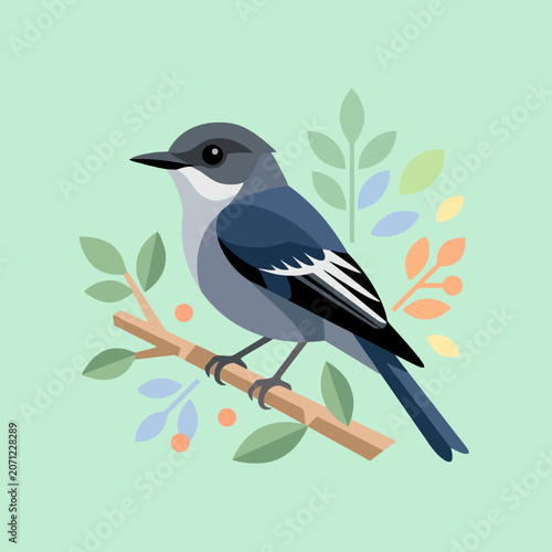 A blue bird sits on a branch with leaves