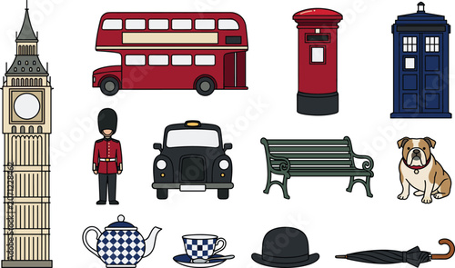 Vászonkép British landmarks and culture collection with London icons transportation tradit