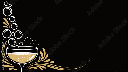Elegant Champagne Glass with Golden Decorative Swirls on Black Background Luxury Celebration Banner