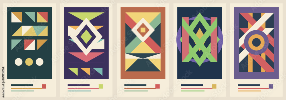 Fototapeta premium Set of five abstract geometric art designs with colorful shapes and patterns