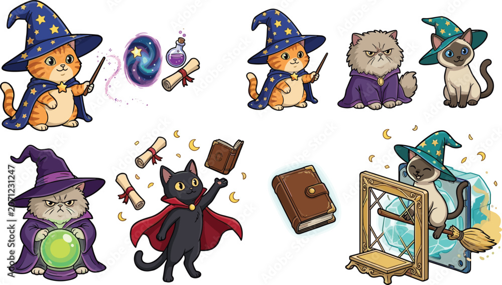 Naklejka premium Cute wizard cats collection with magical fantasy characters spells potions and enchanted cartoon vector illustration